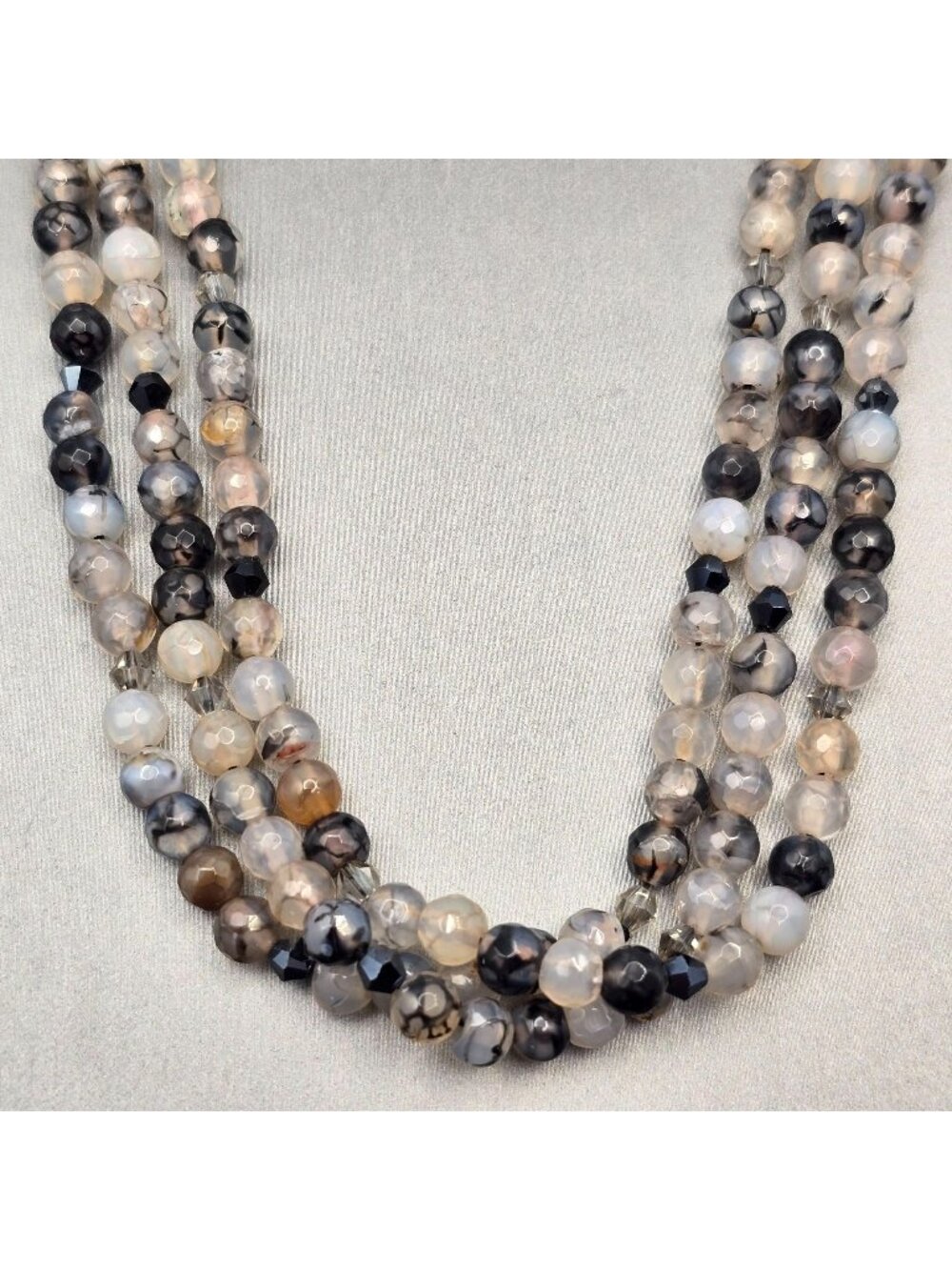 Vintage Sterling Silver Dragon Vein Agate Multi Strand Beaded Necklace 18"